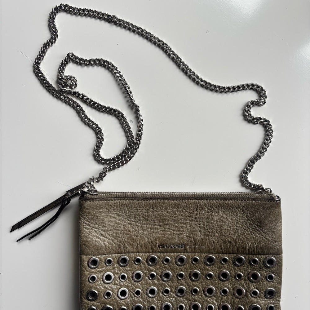COACH Double Zip Top Grommet Olive Grey Crossbody Bag antique nickel hardware